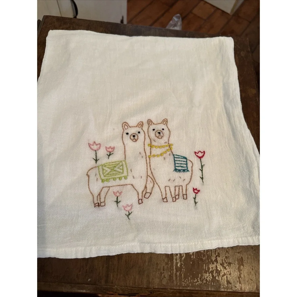Llamas with Tulips embroidered kitchen towel  Handmade Kitschy‎